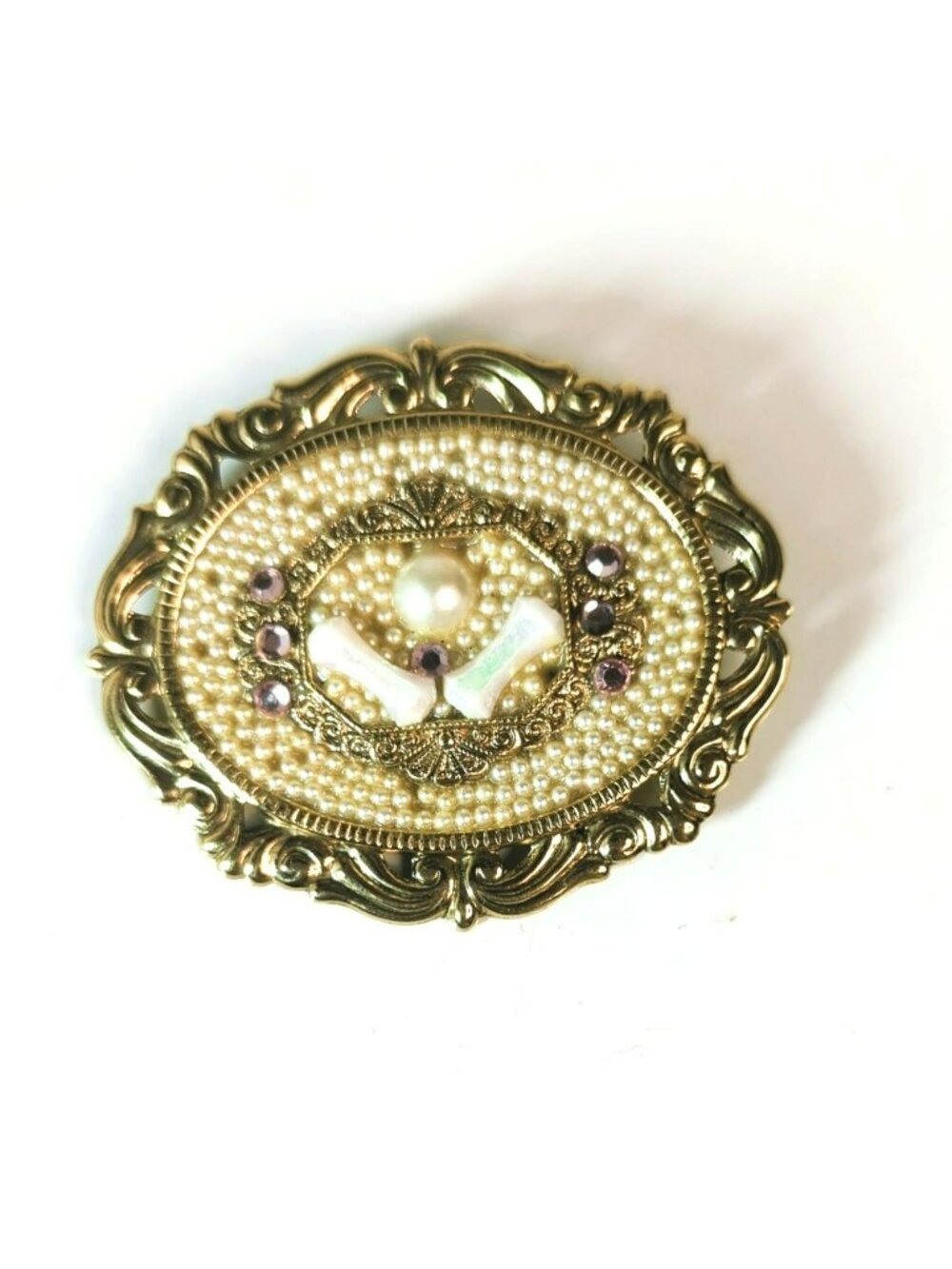Vintage Gold Tone Beaded Filigree Brooch Faux Pearl Oval Raised Pin